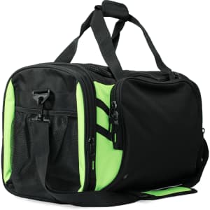 A black and lime green duffle bag with multiple compartments and a shoulder strap, featuring mesh side pockets.