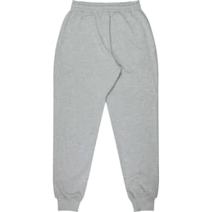 Tapered fleece kids pants in light grey with an elastic waistband and cuffs. Features pockets and a logo.