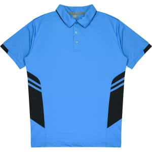 A blue polo shirt with black side panels and a collar, featuring a logo.