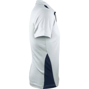 A light grey polo shirt with navy blue side panels and a collar, featuring a logo.