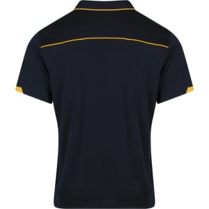 A navy polo shirt featuring yellow accents on the shoulders and a branded logo on the back.