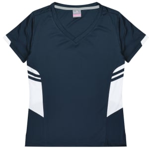 A navy T-shirt with white panels and stripes on the sides, featuring a V-neck design and a logo.
