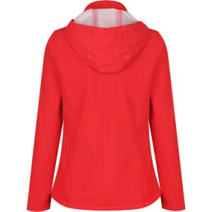 A red soft shell jacket with a hood, featuring a plain back and minimalist design. It has a logo displayed.
