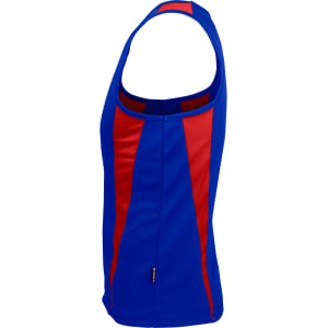 A blue singlet featuring red stripes on the sides and a logo on the hem. Ideal for athletic wear.