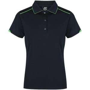 A navy polo shirt with green accents and a logo on the chest, featuring a classic collar and buttoned placket.