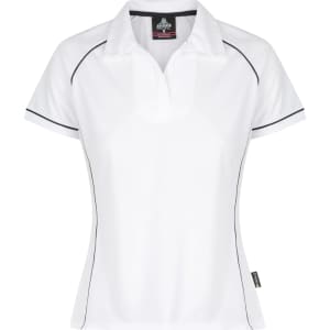 A white polo shirt with black piping, featuring a collar and a logo. Designed for women's wear.