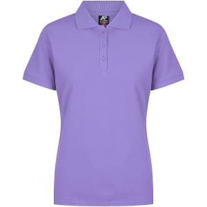 A purple polo shirt with a collar and short sleeves, featuring a branded tag.
