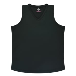 A dark green singlet featuring a V-neck design, displayed flat on a white background. It includes a logo.