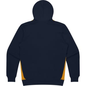 A navy hoodie with yellow side panels, featuring a hood and a simple design. It has a logo on it.