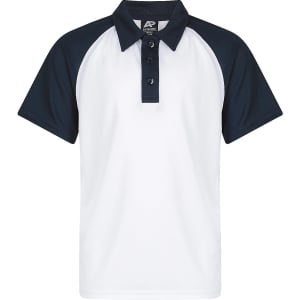 A white polo shirt with navy blue sleeves and a buttoned collar, featuring a branding logo.