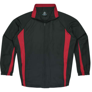 A black track jacket with red side stripes and a zip front, featuring a logo on the chest.