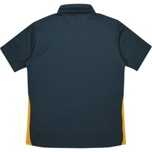 A dark green polo shirt with yellow side panels and a collar, featuring a logo on the back.