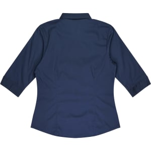 A navy button-up shirt with 3/4 sleeves and a fitted back design. Features a collar and one logo.
