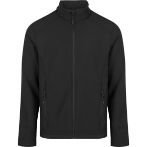 A black soft shell jacket with a zipped front and two side pockets, featuring a logo on the chest.