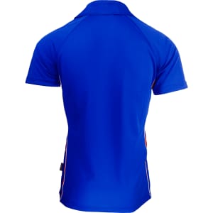 A blue men's polo shirt featuring a logo and contrasting side stripes. The back view highlights its sleek design.