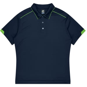 A navy polo shirt with green accents, featuring a classic collar and three buttons. It has a logo on the upper left side.