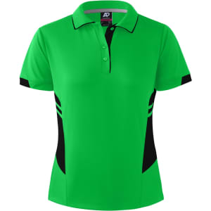 A green polo shirt with black accents and a collar, featuring a logo on the tag.