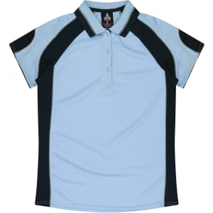 A light blue polo shirt with black side panels and a collar, featuring a logo on the chest area.