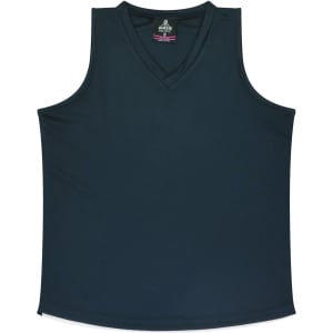 A dark green singlet with a V-neck design. Features stitching details and has a branding logo.
