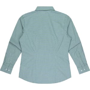 A long-sleeve button-up shirt featuring a green and blue checked pattern, with a collar and button cuffs.