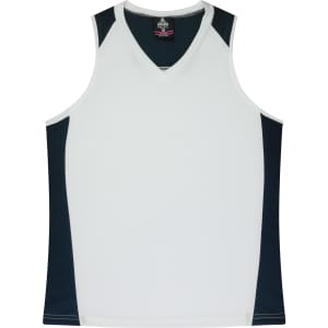 A sleeveless singlet featuring a white body and navy blue side panels, with a logo at the neckline.