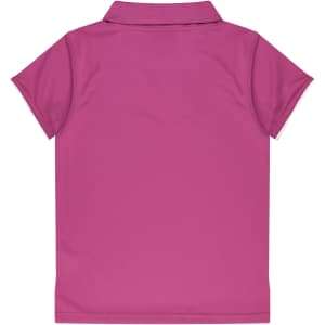 A pink polo shirt featuring a classic collar and short sleeves, with a logo on the back.