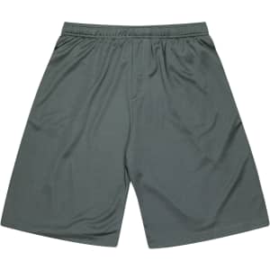 Green kids' sports shorts with an elastic waistband and a smooth fabric finish. Features a logo on the side.