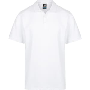 A white polo shirt featuring a collar and a placket, with a branding logo on the label.