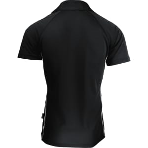 A black polo shirt featuring a back view, with contrasting stripes along the sides and a brand logo.