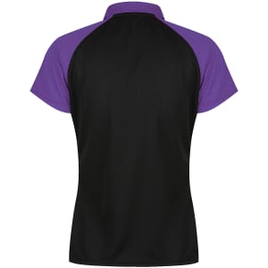 A polo shirt featuring a black body and purple sleeves, with a logo on the design.