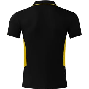 A black polo shirt with yellow side panels and a collar, featuring a logo on the back.