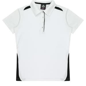 A white polo shirt with black side panels and a collar, featuring a logo on the upper section.