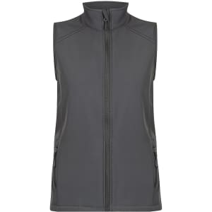 A grey vest featuring a zip front and side pockets, with a fitted design and no sleeves.