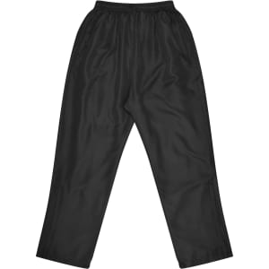 Black track pants with an elasticised waistband and a smooth finish, featuring a logo on the lower side.