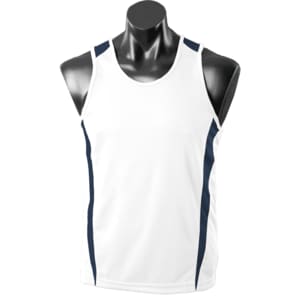A white singlet featuring navy side panels, displayed on a black mannequin. It has a logo on the front.