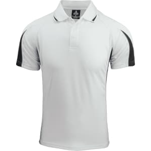 A white polo shirt with black detail and a logo on the chest. Short sleeves and a classic collar.