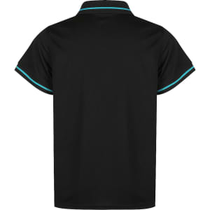 A black polo shirt featuring contrasting teal trim and a collar, with a logo on the back.