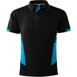 A black polo shirt featuring turquoise accents and a logo, designed for men.