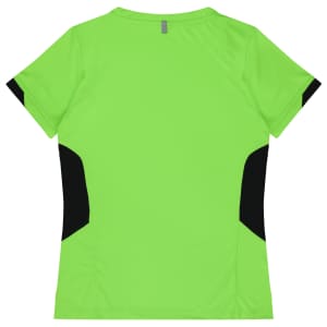 A short-sleeved t-shirt in vibrant green with black side panels and a logo.