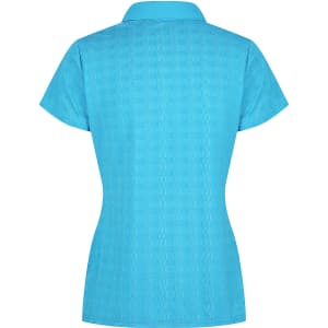 A blue polo shirt with a textured pattern and a collar, featuring a logo on the design.