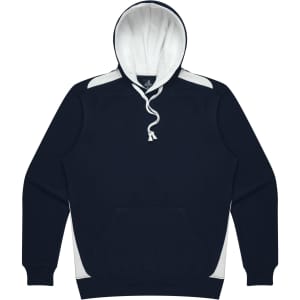 A navy men's hoodie featuring a white-lined hood and contrasting white panels. It has a front pocket and a logo.