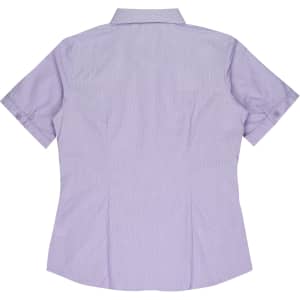A short-sleeve, button-up shirt in light purple with a fitted back design. It features a collar and cuffed sleeves.