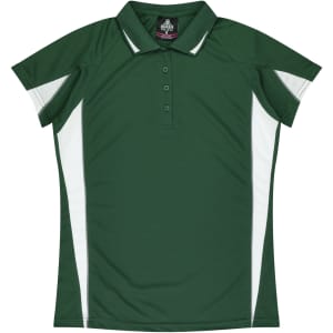 A green polo shirt with white side panels and a collar, featuring a branding logo.