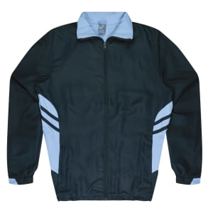 A dark green tracktop with light blue accents and stripes, featuring a zip front and a collar.