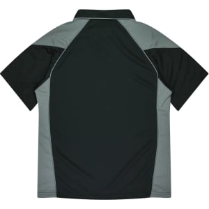 A dark green and grey polo shirt featuring a logo on the back.