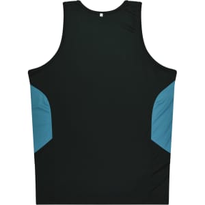 A black singlet with teal side panels and a small logo. Designed for kids' wear.