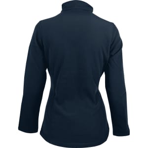 A soft shell jacket in navy blue with a high collar and long sleeves, featuring a logo on the back.