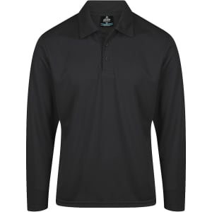 A long-sleeve black polo shirt featuring a collar and a button placket, with a logo present.