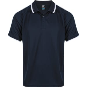 A navy blue men's polo shirt featuring a contrasting white collar and sleeve trim, with a logo on the upper section.