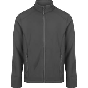 A soft shell jacket in charcoal grey featuring a zip front and two side pockets. It has a logo on the chest.
